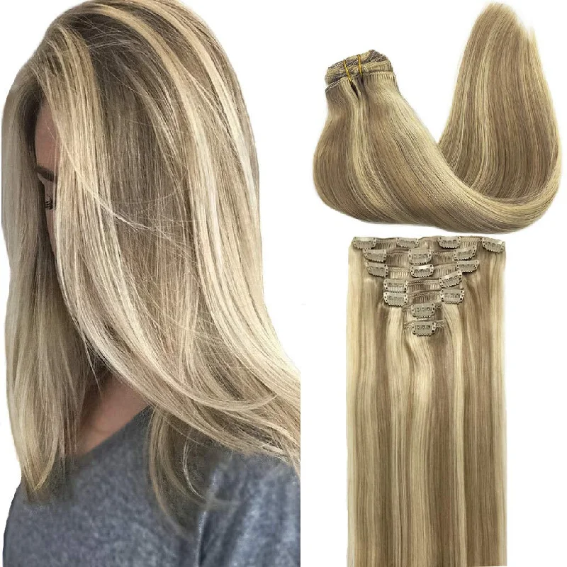 Clip-In Hair Extensions for Women, Soft & Natural, Handmade Real Human Hair Extensions,Light Blonde Highlighted Golden Blonde, Long, Straight #(P16/22) , 7Pcs 120G 18 Inches