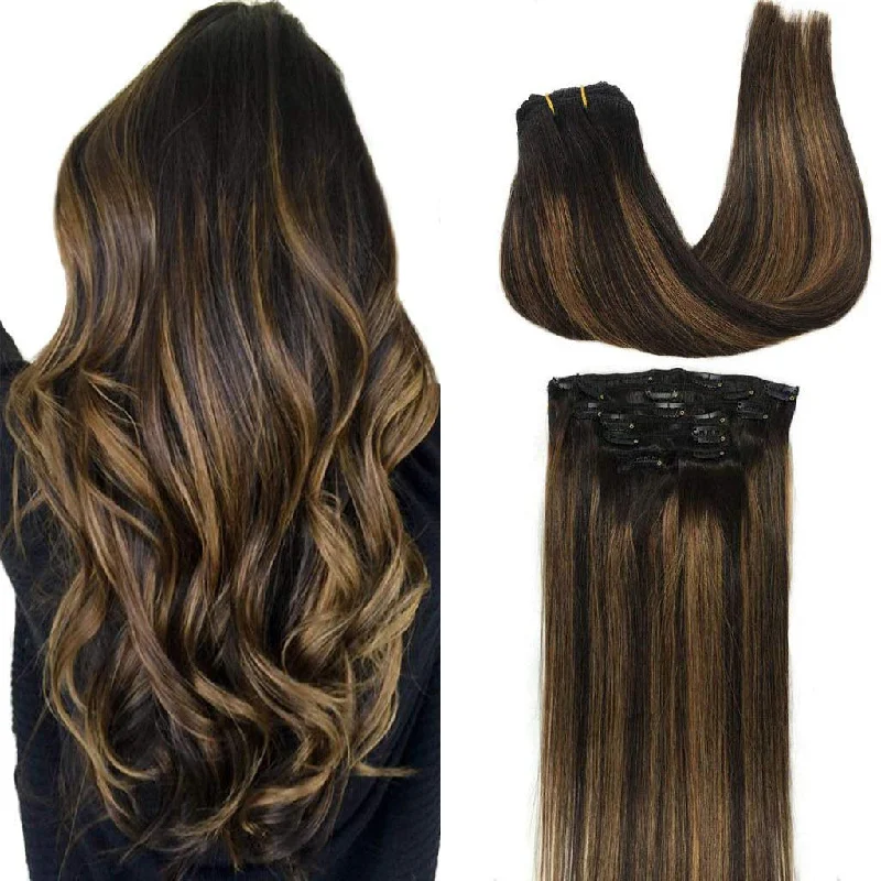 Clip-In Hair Extensions for Women, Soft & Natural, Handmade Real Human Hair Extensions, Natural Black Mixed Chestnut Brown, Straight #(T1B/6)/1B, 7Pcs 120G 20 Inches