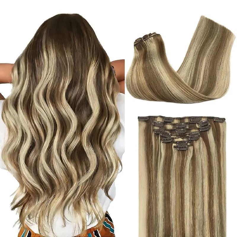 Hair Extensions 7Pcs 120G 20 Inch Medium Brown Highlighted Golden Blonde Clip in Hair Extensions Real Human Hair Natural Hair Clip in Extensions Straight Hair Extensions