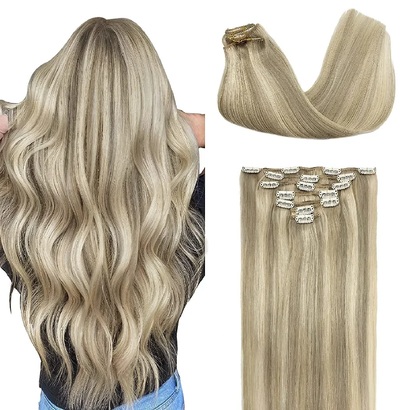 Hair Extensions, Clip in Hair Extensions Ash Blonde Highlighted Platinum Blonde 120G 7Pcs 14 Inch Remy Human Hair Extensions Straight Thick Natural Hair Extensions for Women