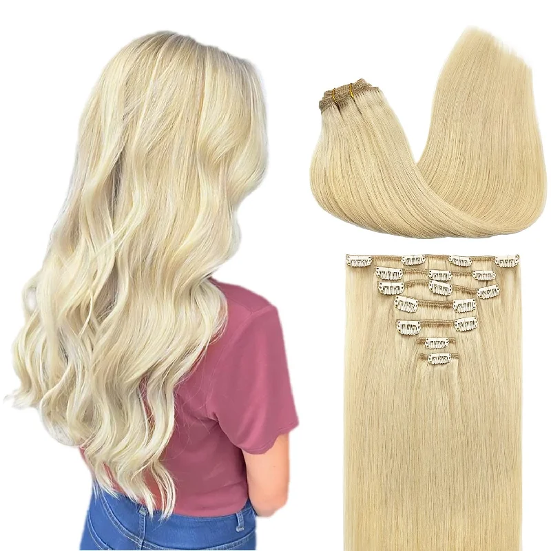 Real Hair Extensions Clip in Human Hair Bleach Blonde 7Pcs 120G 18 Inch Clip in Hair Extensions Human Hair Straight Hair Estensions Remy Hair Extensions for Women